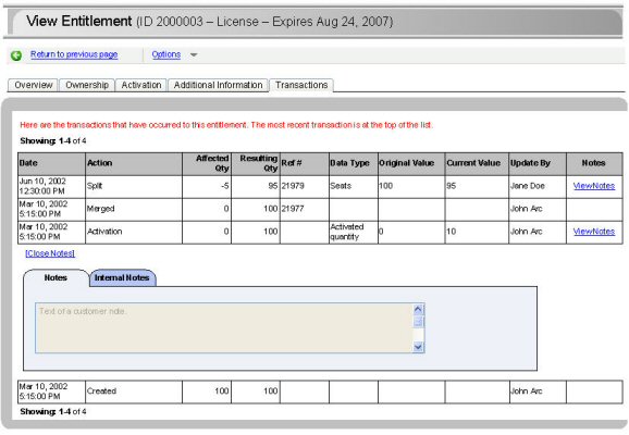 Transactions tab